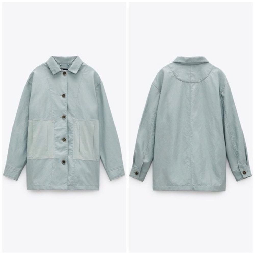 ZARA Faux Leather Utility Shacket Jacket Sage Blue Button Front Oversized XS